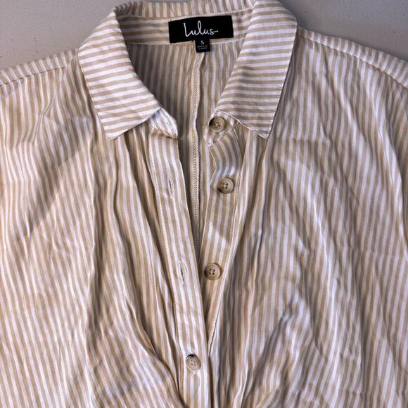 NWT Casual Perfection Tan Striped Twist-Front Shirt Dress Tan White Size Small - Picture 6 of 8